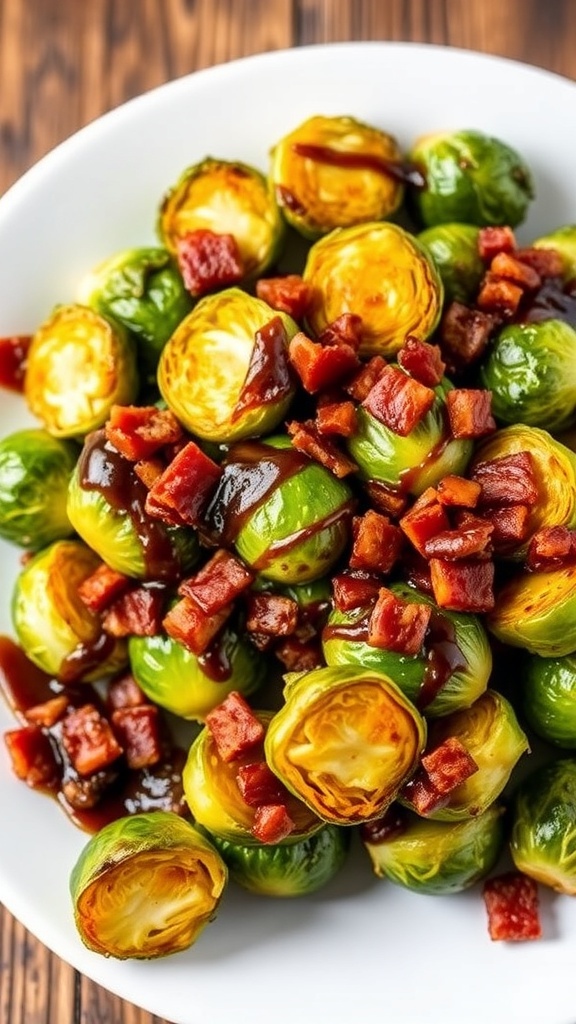 Crispy Air Fryer Brussels Sprouts with Bacon and Balsamic Glaze Crispy Brussels sprouts with bacon and balsamic glaze on a white plate, set on a rustic wooden table.